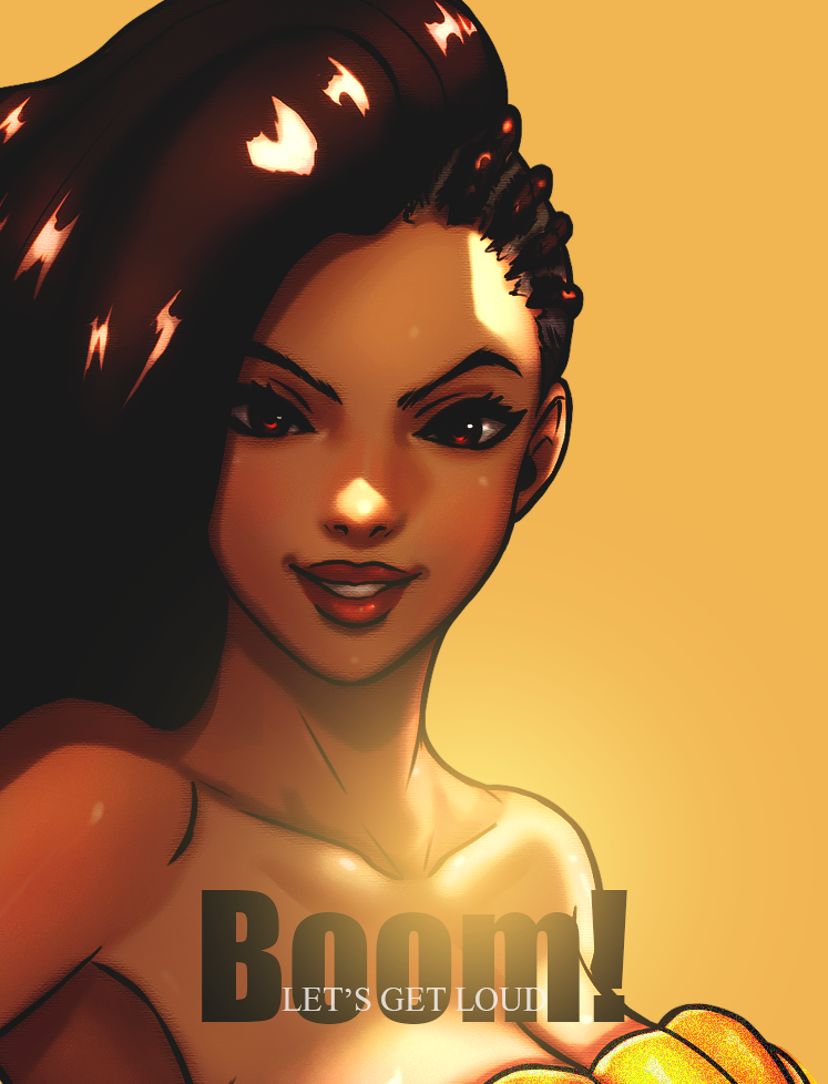 1girl asymmetrical_hair bare_shoulders big_hair black_hair breasts brown_eyes cleavage collarbone commentary_request cornrows darji dark-skinned_female dark_skin english_text forehead large_breasts laura_matsuda lipstick long_hair looking_at_viewer makeup nose portrait red_lips sidelighting solo street_fighter street_fighter_v very_dark_skin yellow_background