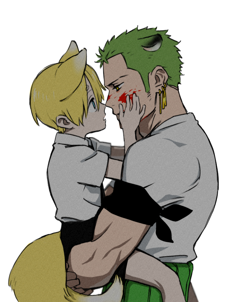 2boys animal_ears bandana blonde_hair blood blood_on_face carrying carrying_person child ears_down eye_contact fox_boy fox_ears fox_tail from_side green_hair kemonomimi_mode long_sideburns looking_at_another male_focus multiple_boys one_piece roronoa_zoro sanji short_hair sideburns tail taro_(honyarara00) tiger_boy tiger_ears toned toned_male upper_body younger