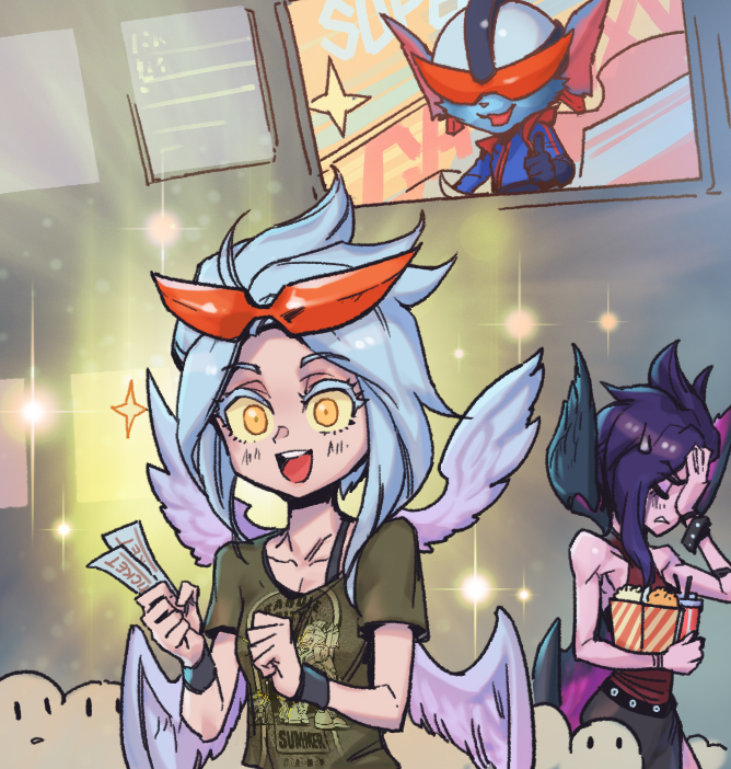 2girls :d alternate_costume bangs bare_shoulders blush brown_shirt collarbone crowd cup disposable_cup facepalm food goggles grey_hair happy helmet holding holding_cup holding_food kayle_(league_of_legends) league_of_legends long_hair morgana_(league_of_legends) multiple_girls multiple_wings open_mouth phantom_ix_row popcorn poster_(object) rumble_(league_of_legends) shiny shiny_hair shirt short_hair smile sparkle super_galaxy_rumble teeth thumbs_up ticket tinted_eyewear upper_teeth wings yellow_eyes yordle