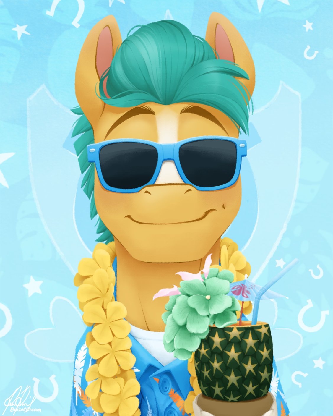 aloha_shirt aquamarine_hair bcpony blaze_(marking) clothing earth_pony equid equine eyebrows eyewear facial_markings food fruit hasbro head_markings hi_res hitch_trailblazer_(mlp) horse lei mammal markings mlp_g5 my_little_pony pattern_clothing pattern_shirt pattern_topwear pineapple pineapple_drink plant pony shirt smile solo straw sunglasses topwear turquoise_hair umbrella_drink