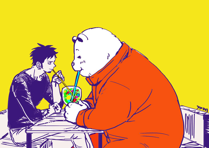 2020 anthro beeprlae16 bepo biped blush bottomwear clothing drinking duo eyes_closed human humanoid_hands male mammal minkmen_(one_piece) one_piece overweight overweight_male pants polar_bear shirt sitting tattoo topwear trafalgar_law ursid ursine