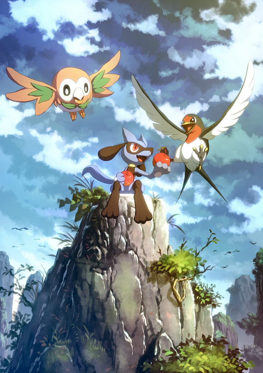2018 ambiguous_gender apple beak cloud day detailed_background feathered_wings feathers flying group hi_res karamimame leaf nintendo open_mouth open_smile pok&eacute;mon pok&eacute;mon_(species) red_eyes riolu rock rowlet sitting sky smile taillow trio video_games wings