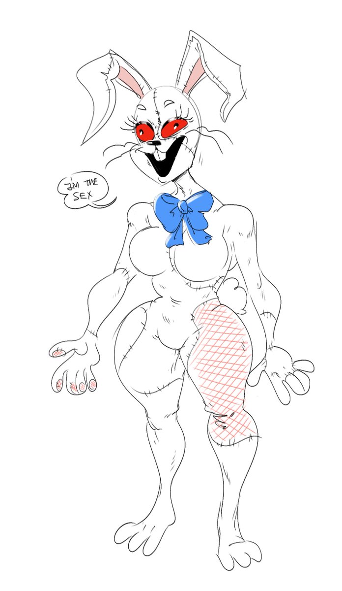 anthro big_breasts blue_bow_tie bow_tie breasts buckteeth clothing costume derp_eyes eyelashes featureless_breasts featureless_crotch female five_nights_at_freddy's hi_res human lagomorph leporid mammal mhdrawin navel_outline open_mouth patch_(fabric) rabbit red_eyes red_sclera scottgames seam_(sewing) simple_background solo speech_bubble stitch_(sewing) teeth text thick_thighs tight_clothing vanny_(fnaf) video_games whiskers white_background white_body wide_hips