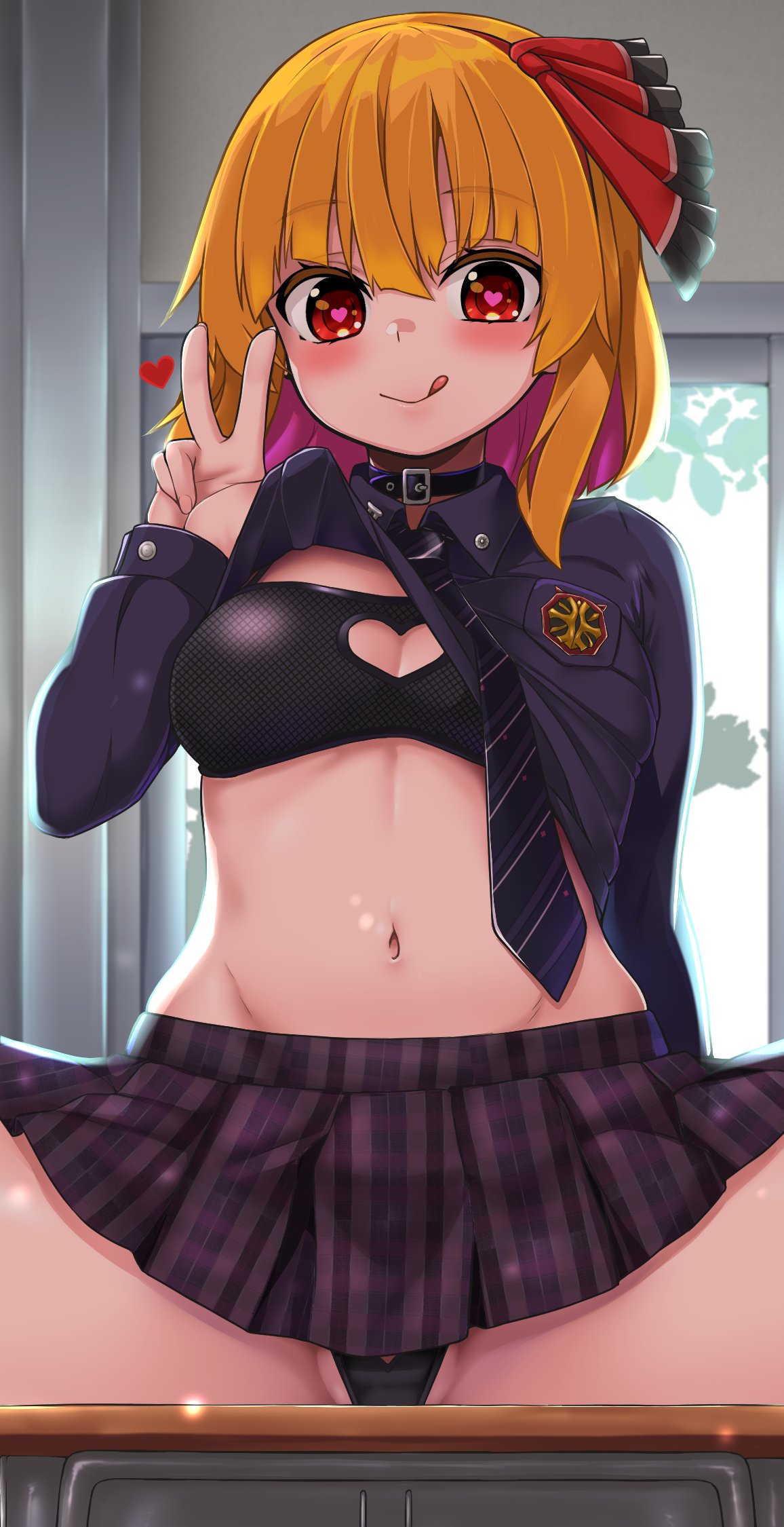 1girl :q black_panties blonde_hair blush bra breasts chair crop_top desk hair_ribbon hand_up heart heart-shaped_pupils highres indoors long_sleeves looking_at_viewer midriff miniskirt navel on_desk panties red_eyes ribbon rumia school_desk shiron_(e1na1e2lu2ne3ru3) short_hair sitting skirt small_breasts solo spread_legs stomach symbol-shaped_pupils tongue tongue_out touhou underwear v
