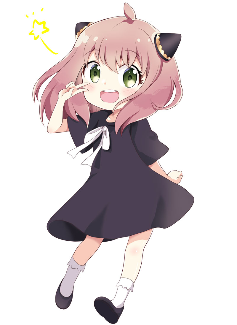 :d ahoge anya_(spy_x_family) bangs black_dress black_footwear blush bobby_socks child commentary_request dress eyebrows_visible_through_hair full_body green_eyes hair_between_eyes hand_up looking_at_viewer massala pink_hair romaji_commentary shoe_soles shoes short_sleeves simple_background smile socks spy_x_family star_(symbol) teeth upper_teeth v white_background white_legwear