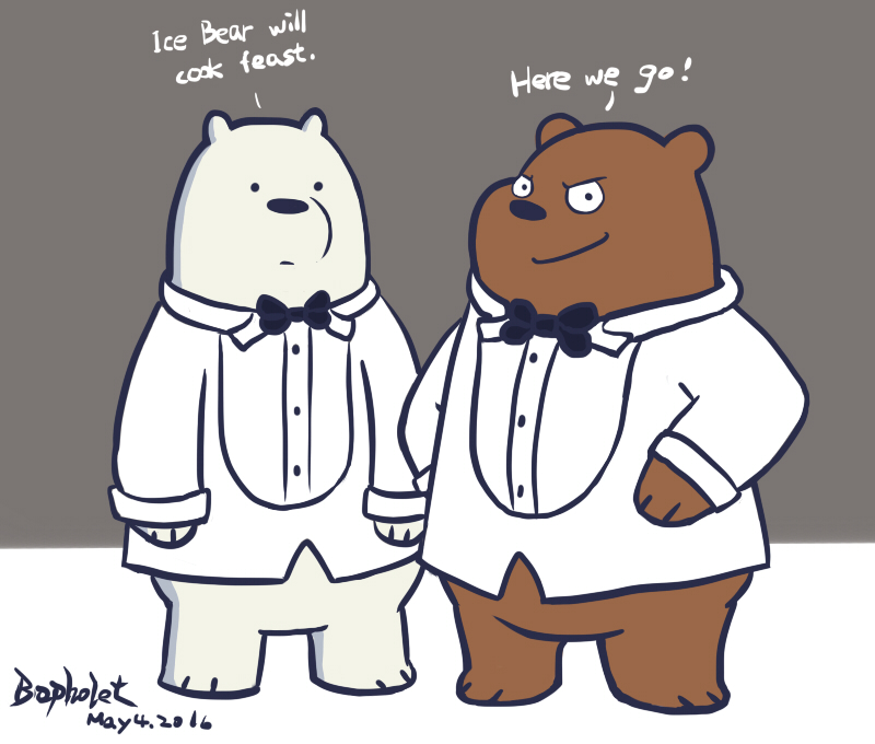 2016 anthro biped black_nose bow_tie brown_bear brown_body cartoon_network clothed clothing dot_eyes duo grizzly_(wbb) grizzly_bear ice_bear kemono mammal mtflying30371 polar_bear simple_background ursid ursine we_bare_bears white_body