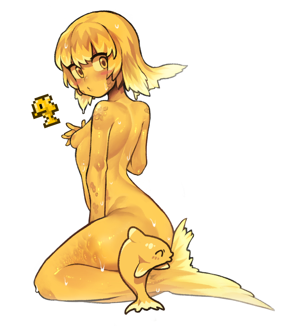 anthro areola breasts butt convenient_censorship covering covering_self cyprinid cypriniform duo female feral fish fish_tail goldfish hair looking_at_viewer marine nyong_nyong scales small_breasts sprite tagme terraria wet wet_body yellow_body yellow_eyes
