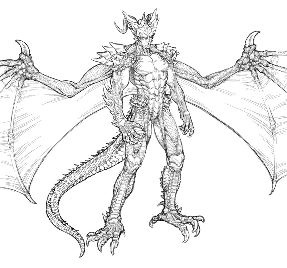 anthro arm_spikes belly_scales big_tail big_wings cidius claws dragon horn male monochrome pecs scales shoulder_spikes solo spikes spikes_(anatomy) wing_claws wings