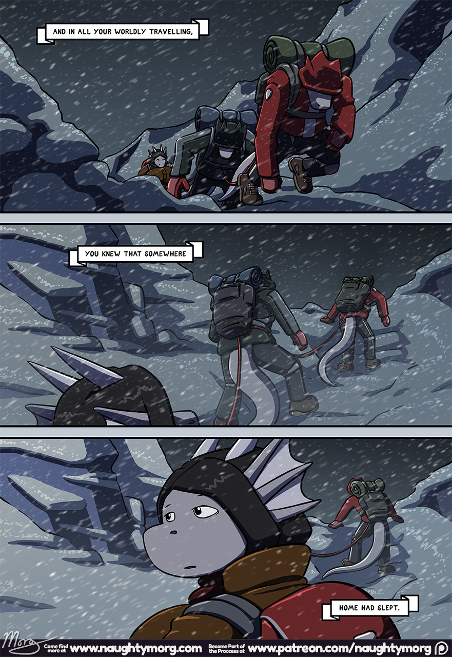 anthro backpack bailey_(naughtymorg) black_eyes black_hair blizzard_(weather) brother brother_and_sister brothers climbing clothing comic dom_(naughtymorg) dragon ear_fins ear_frill english_text female fin frill_(anatomy) frown fur gloves grey_body grey_fur group hair handwear hi_res hood horn jacket knee_pads long_hair looking_back lost_in_thought male mountain naughtymorg night outside patreon patreon_logo rope scalie seph_(naughtymorg) serious sibling signature sister sky sleeping_bag snow text tied_together topwear trio url wingless_dragon winter_coat