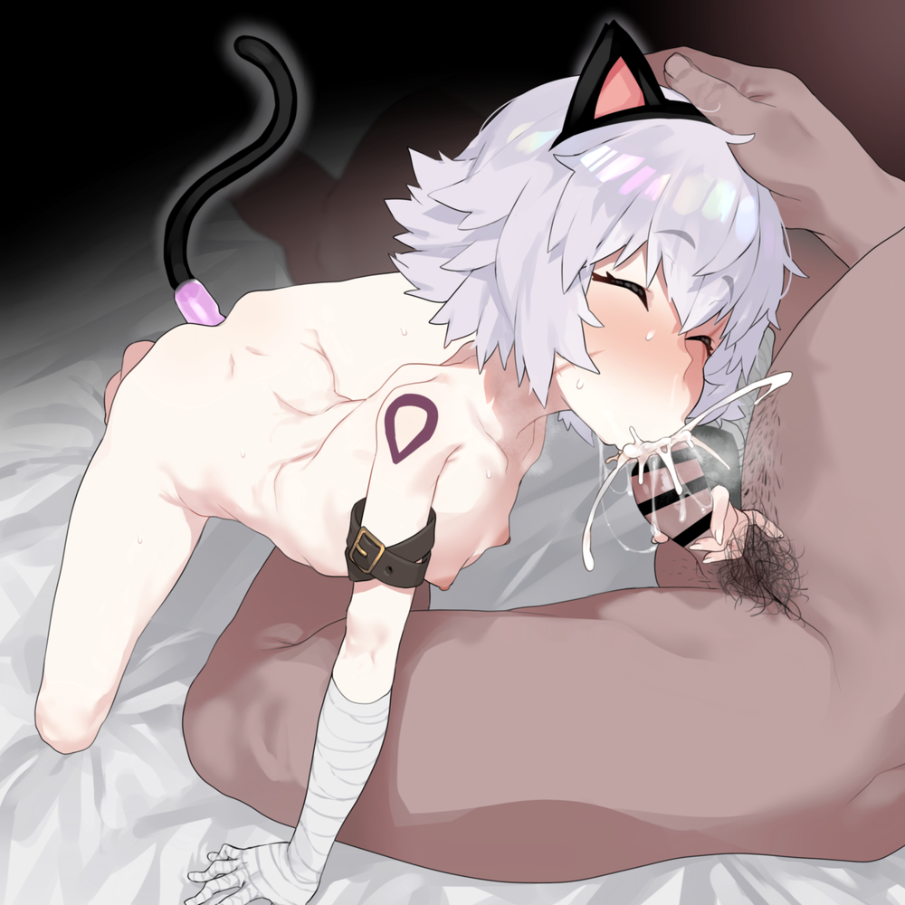 1boy 1girl :&gt;= anal_tail animal_ears arm_belt ass bandaged_arm bandages black_gloves blush cat_ears cat_tail censored collagen fake_tail fate/apocrypha fate/grand_order fate_(series) fellatio flat_chest gloves green_eyes happy_sex hetero jack_the_ripper_(fate/apocrypha) nipples nude oral penis scar scar_across_eye scar_on_cheek scar_on_face shoulder_tattoo single_glove sweat tail tattoo white_hair