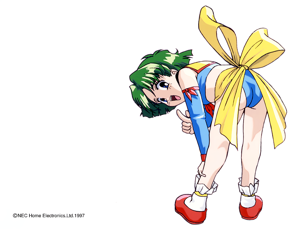 1990s_(style) 1997 1girl ass back_bow bent_over blue_eyes bow company_name copyright detached_sleeves full_body green_hair hand_on_leg index_finger_raised looking_at_viewer looking_back non-web_source official_art open_mouth red_footwear retro_artstyle short_hair simple_background solo sparkling_feather standing white_background