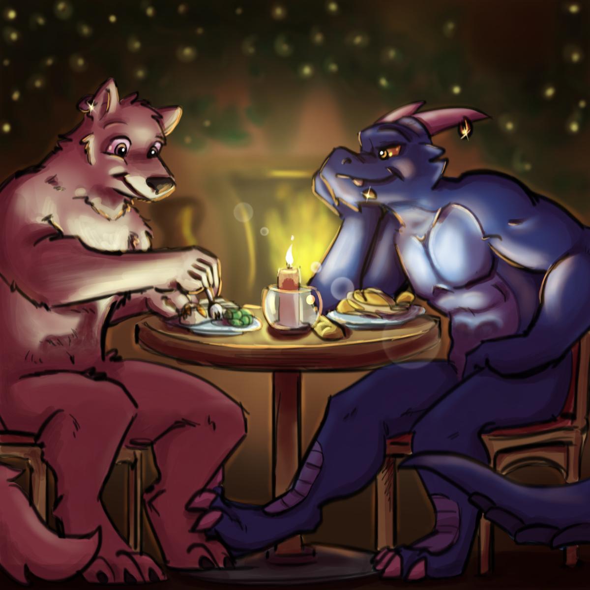 1:1 abs anthro candle canid canine canis crossroadspony detailed_background dinner dragonborn duo ear_piercing ear_ring fireplace food foot_on_foot furgonomics furry-specific_piercing gazing hi_res lone_christie looking_at_another male male/male mammal muscular muscular_male nude ny'lon piercing raemyshu restaurant tasteful_nudity wolf