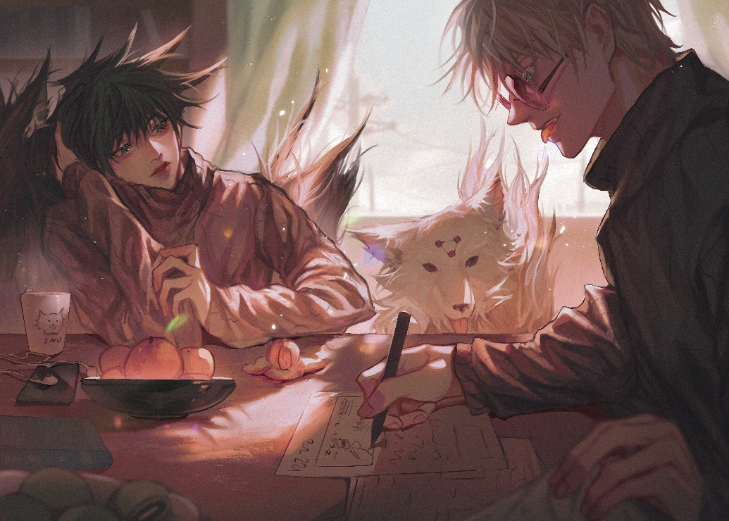 11857864 2boys :p animal bangs black_dog black_hair blue_eyes cup dog drawing earphones earphones_removed food fruit fushiguro_megumi gojou_satoru green_eyes hair_between_eyes holding holding_pen indoors jujutsu_kaisen long_sleeves male_focus multiple_boys orange_(fruit) paper pen round_eyewear short_hair sitting spiked_hair sunglasses sweater table teeth tongue tongue_out turtleneck turtleneck_sweater white_dog white_hair