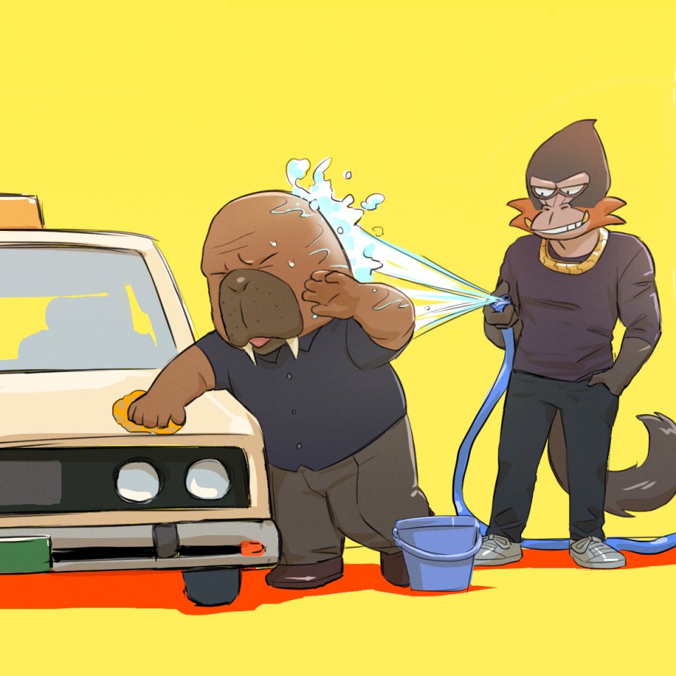 anthro bleeding-heart_monkey bucket butu_z car car_wash clothing commercial_vehicle container dobu_(odd_taxi) duo grin haplorhine hiroshi_odokawa_(odd_taxi) hose jewelry male mammal marine monkey necklace odd_taxi old_world_monkey pinniped primate public_transportation shirt simple_background smile taxicab topwear vehicle vehicle_for_hire walrus water