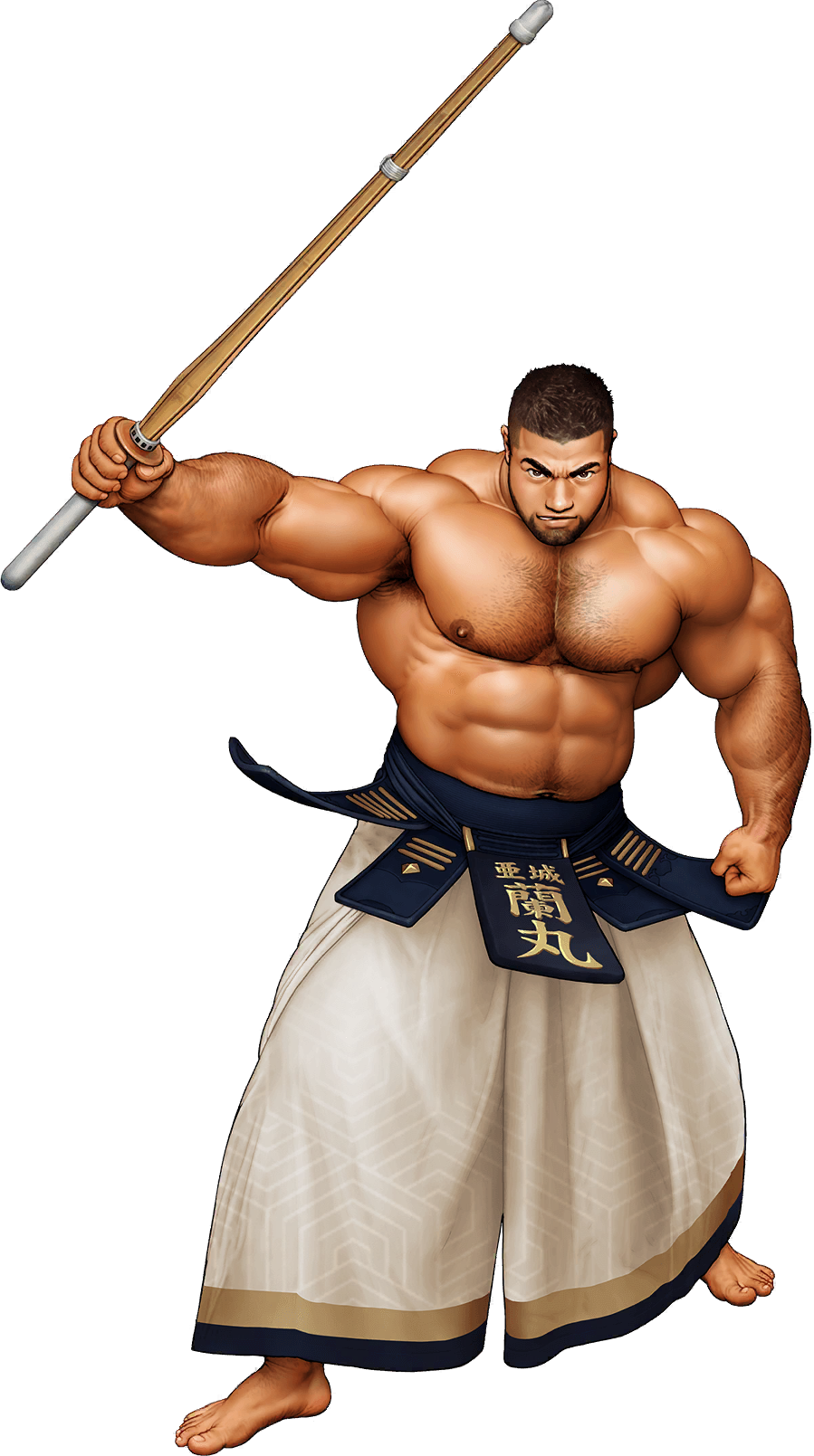 1boy abs alternate_costume arm_hair armpit_hair armpits bara beard biceps brown_hair chest_hair clenched_hands facial_hair gyee hairy hakama highres japanese_clothes jiraiya large_pectorals looking_at_viewer manly mature_male muscular muscular_male navel navel_hair nipples official_art pectorals plump ranmaru_(gyee) short_hair solo sword thick_arms thick_eyebrows topless topless_male transparent_background weapon wooden_sword
