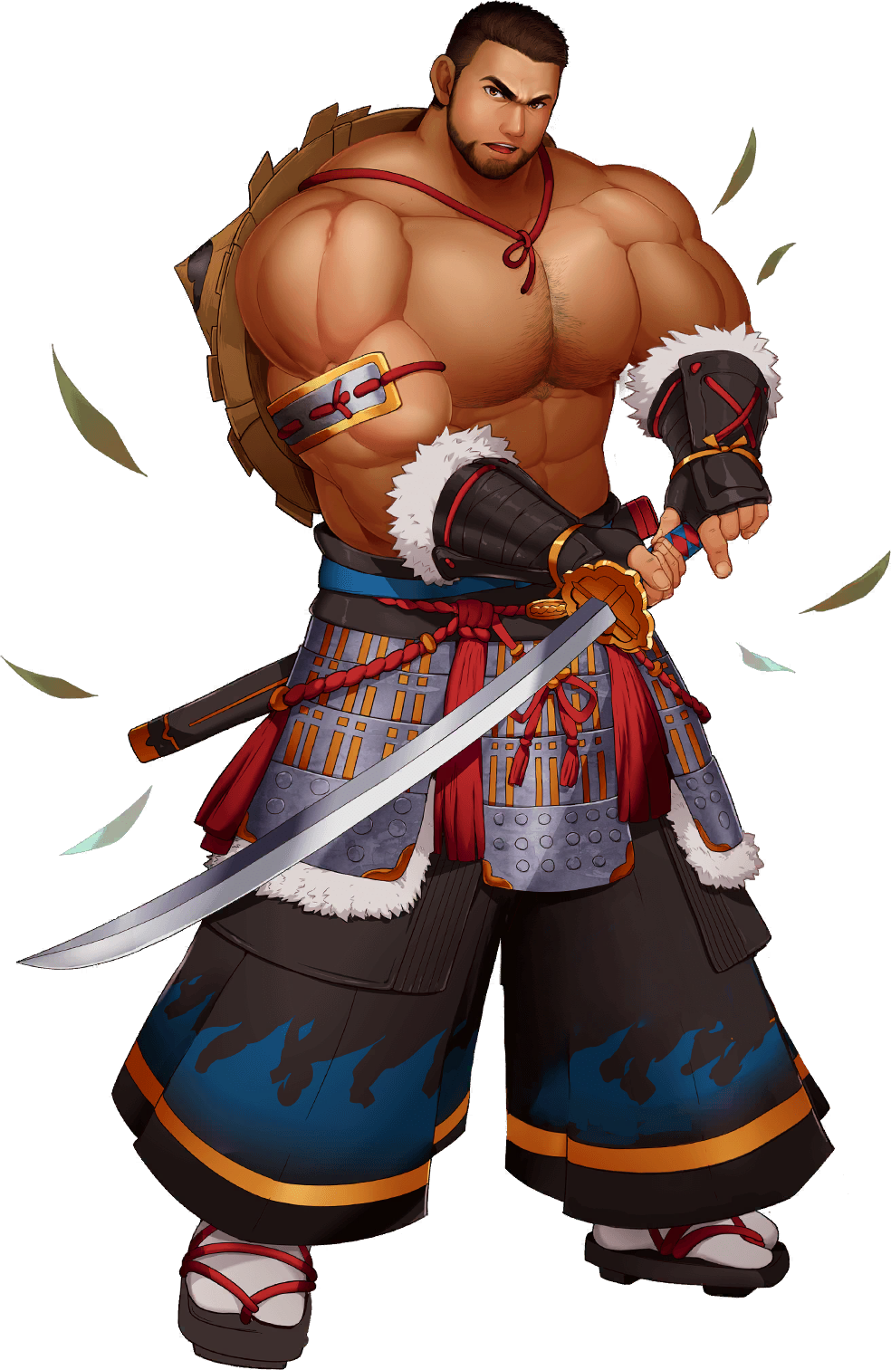1boy abs alternate_costume armband armpit_hair armpits bara beard biceps brown_hair chest_hair clenched_hands facial_hair gauntlets gyee hairy hakama hat highres japanese_clothes katana large_pectorals leaf looking_at_viewer manly mature_male mazjojo muscular muscular_male navel navel_hair nipples official_art open_mouth pectorals plump ranmaru_(gyee) sandals scabbard sheath short_hair socks solo straw_hat sword teeth thick_arms thick_eyebrows tongue topless topless_male transparent_background weapon