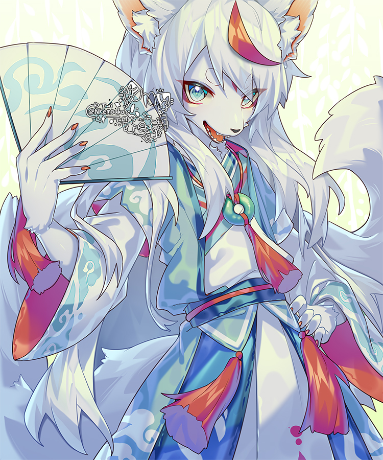 ambiguous_gender anthro asian_clothing blue_eyes canid canine claws clothing digital_media_(artwork) east_asian_clothing fan_(disambiguation) fangs finger_claws fur green_clothing green_obi hair hand_fan inner_ear_fluff japanese_clothing kemono kimono long_hair long_tail looking_at_viewer mammal nokino obi obijime open_mouth red_clothing red_obijime shaded snout solo tuft white_body white_fur white_hair