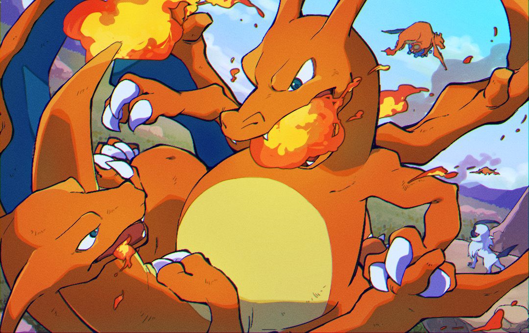 absol blue_eyes breathing_fire charizard claws cloud commentary_request day eye_contact fire flying genzou_(me_genzo) looking_at_another no_humans outdoors pokemon pokemon_(creature) sky