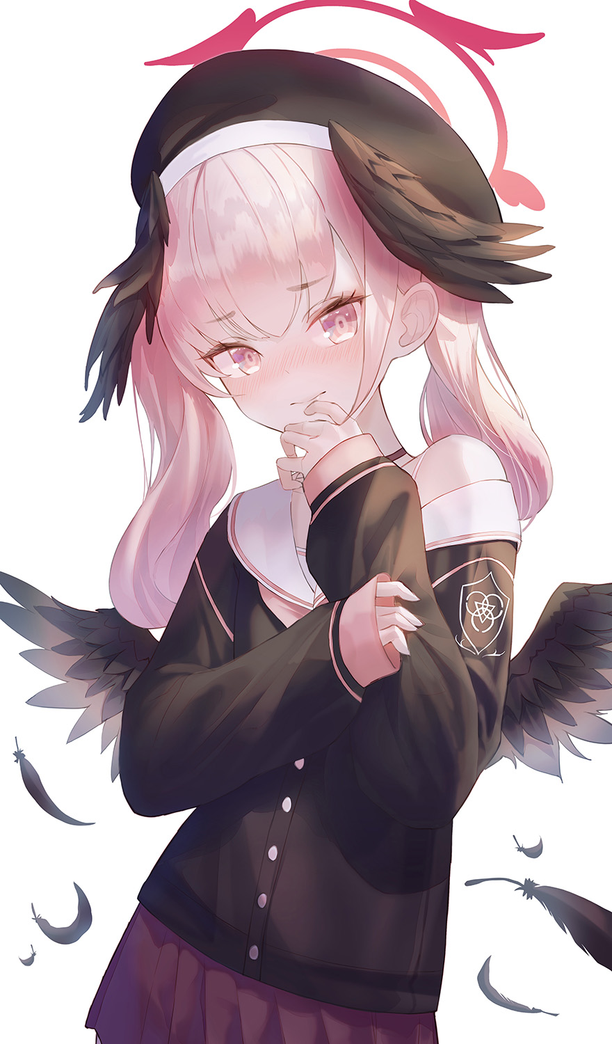 1girl angel_wings bangs beret black_cardigan black_headwear black_wings blue_archive blush cardigan connor eyebrows_visible_through_hair feathered_wings feathers finger_to_mouth halo hat head_wings highres koharu_(blue_archive) looking_at_viewer miniskirt neckerchief pink_eyes pink_hair pink_neckerchief school_uniform skirt sleeves_past_wrists solo twintails white_background wings