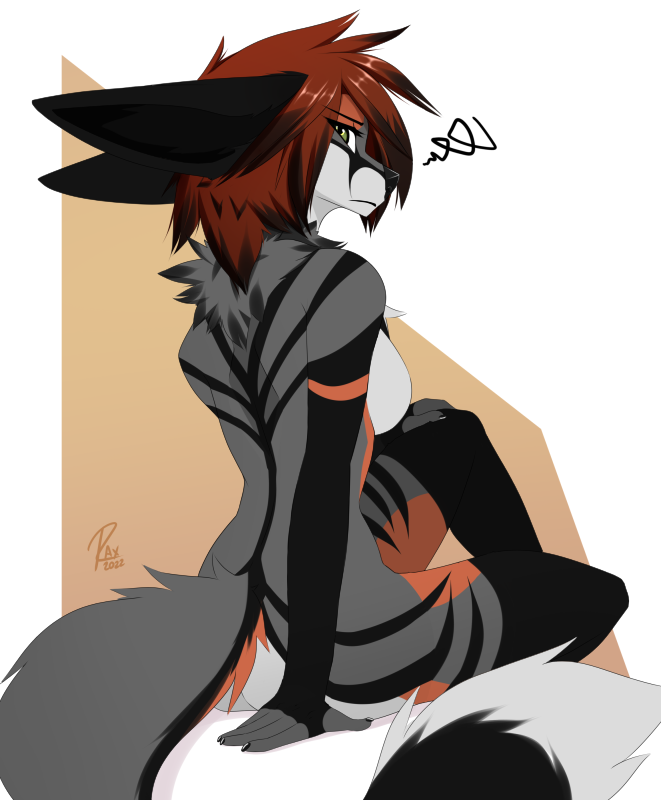 2022 5_fingers anthro black_body black_fur breasts brown_body brown_fur brown_hair canid canine digital_media_(artwork) eyebrows eyelashes female fingers fox fur green_eyes grey_body grey_fur hair mammal nude sitting wolflady