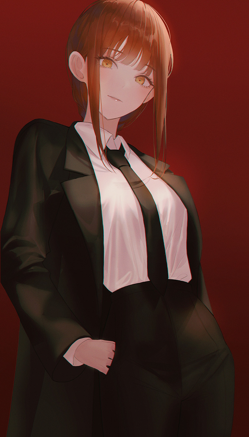 1girl bangs black_necktie black_pants braid braided_ponytail breasts chainsaw_man collared_shirt connor formal gradient gradient_background highres long_sleeves looking_at_viewer makima_(chainsaw_man) medium_breasts medium_hair necktie pants red_background red_hair ringed_eyes shirt smile solo suit white_shirt yellow_eyes