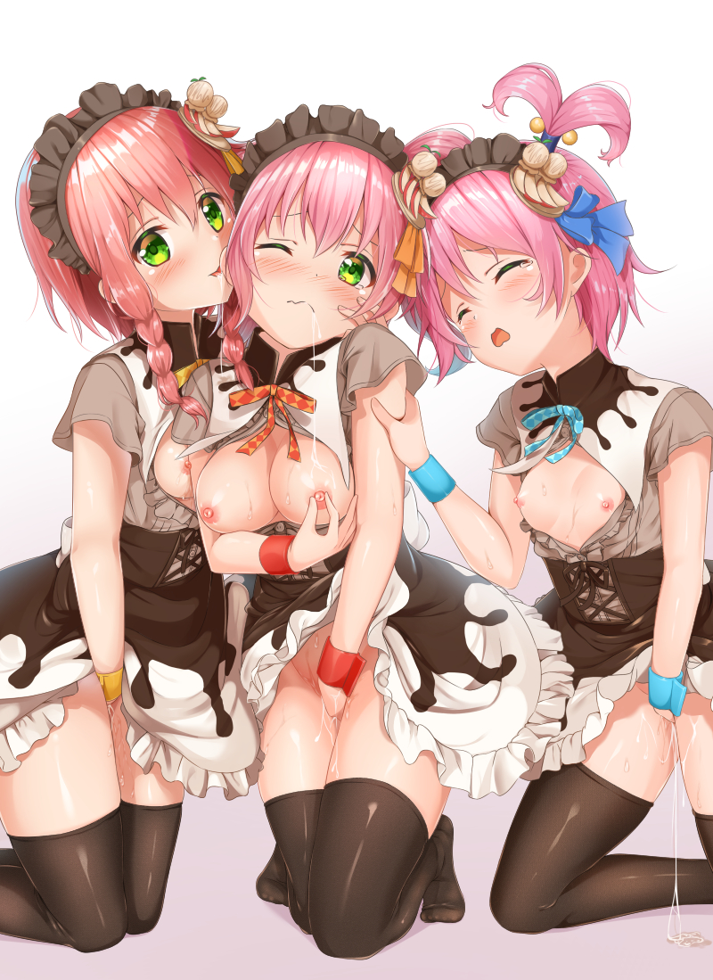 3girls black_legwear blush bow breasts breasts_out character_request cleavage closed_eyes copyright_request flat_chest gradient gradient_background green_eyes grey_background hair_bow headdress kneeling legs looking_at_viewer masturbation mika_miche multiple_girls nipple_tweak nipples no_bra no_panties one_eye_closed pink_hair pussy_juice red_hair simple_background tears white_background yuri