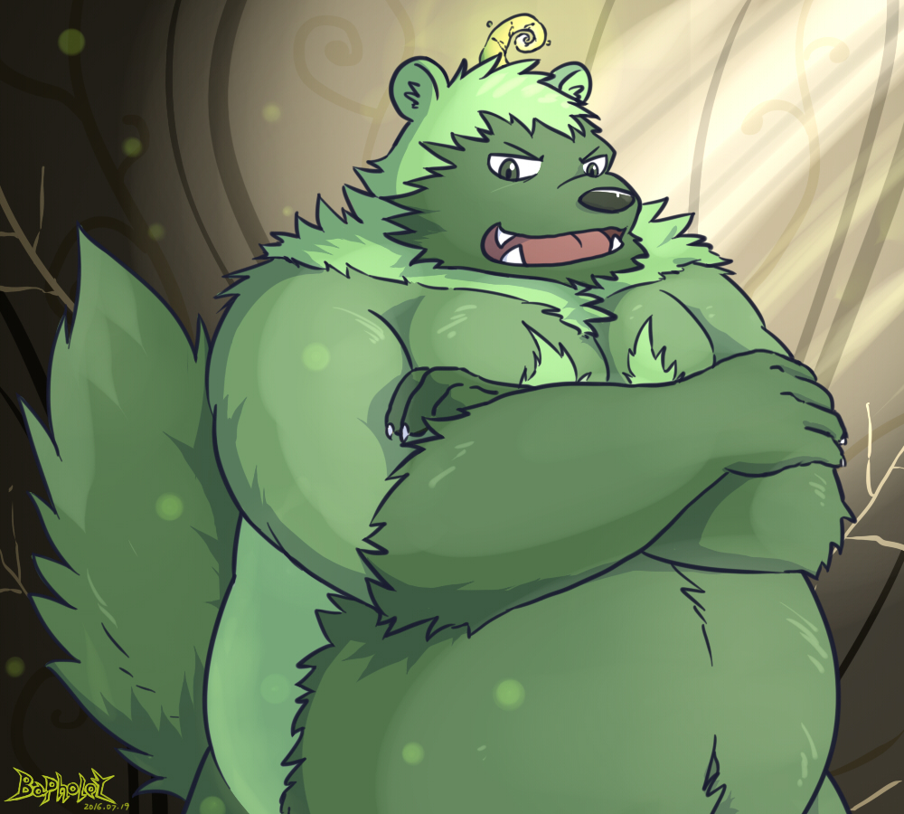 2016 anthro belly big_belly black_nose cute_fangs fur green_body green_fur gulonine humanoid_hands kemono male mammal moobs mtflying30371 mustelid musteline overweight overweight_male solo wolverine