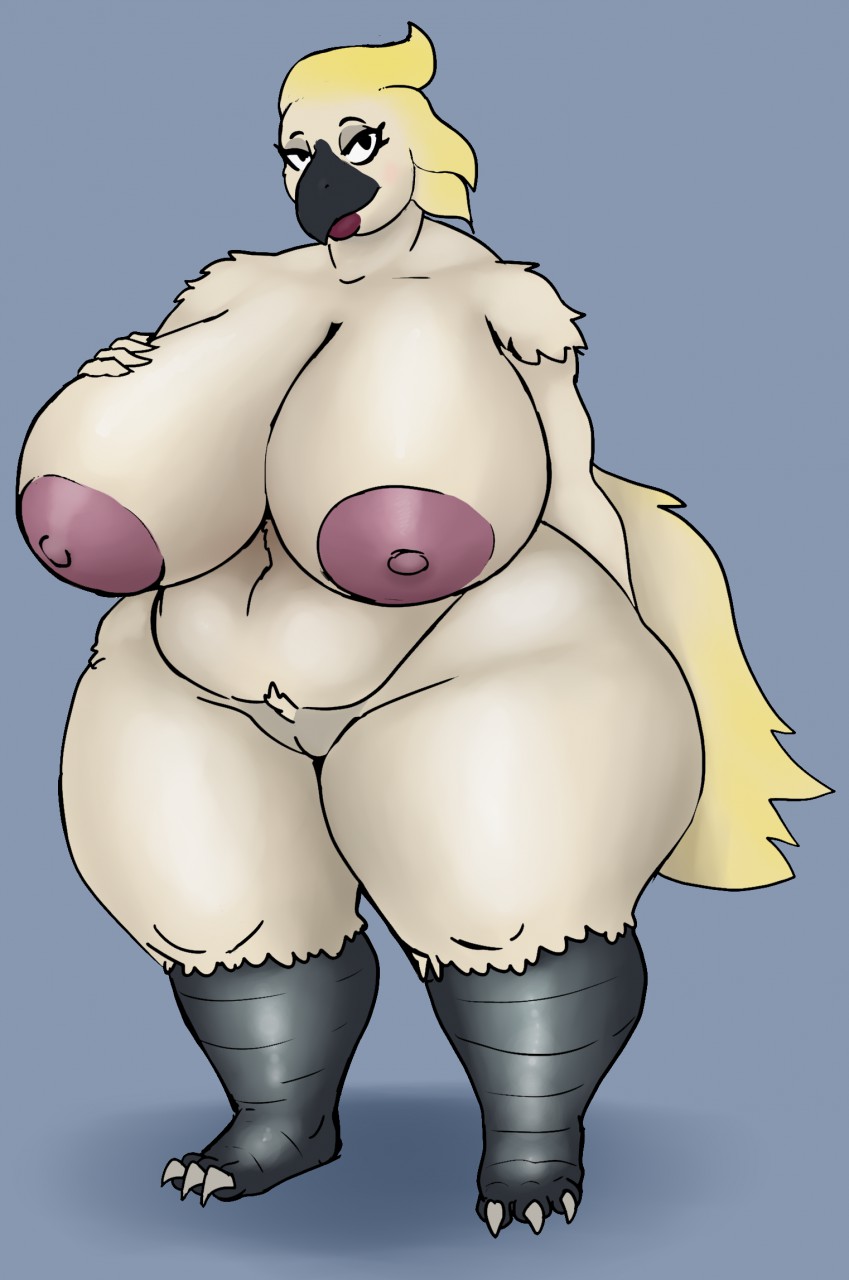 anthro areola avian beak big_breasts biped bird black_beak blonde_hair blue_background breasts cacatua cockatoo collaboration curvy_figure elektr0 feathers female femlek_(elektr0) genitals hair hand_on_breast hi_res huge_breasts nipples nude overweight overweight_anthro overweight_female parrot pink_areola pink_nipples pussy simple_background solo standing sulphur-crested_cockatoo thick_thighs vdisco voluptuous white_body white_feathers wide_hips