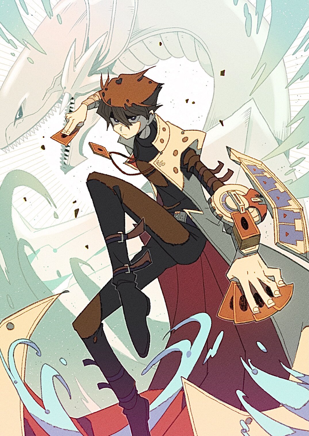 1boy belt belt_buckle blue-eyes_white_dragon blue_eyes bright_pupils brown_hair buckle card closed_mouth coat deck dragon duel_disk duel_monster film_grain hair_between_eyes highres holding holding_card jewelry kaiba_seto leg_belt male_focus necklace open_clothes open_coat open_mouth sharp_teeth teeth tenteko_mai51 turtleneck white_pupils yu-gi-oh!