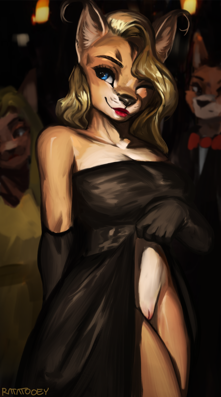 2022 5_fingers anthro black_clothing blonde_hair blue_eyes blurred_background caracal caracal_(genus) clothed clothing clothing_lift digital_media_(artwork) digital_painting_(artwork) dress dress_lift exhibitionism felid feline female fingers genitals group hair hi_res humanoid_genitalia humanoid_pussy lipstick looking_aside makeup mammal no_underwear one_eye_closed pussy ratatooey shaded signature solo_focus trio wink