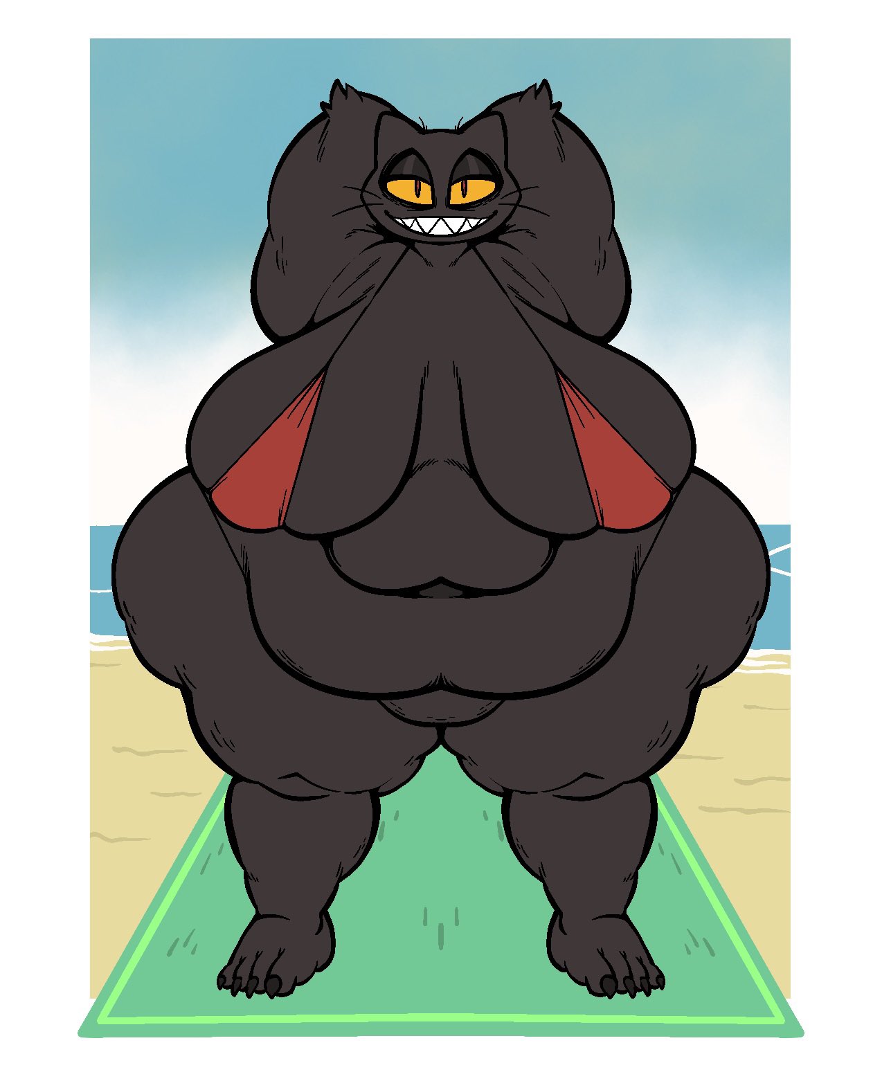 2022 anthro beach big_breasts bikini bikini_top breasts clothing colored domestic_cat felid feline felis female front_view hands_behind_head hi_res mammal obese obese_anthro overweight overweight_anthro sea seaside smile smokii solo standing swimwear teeth_showing thick_thighs water wide_hips