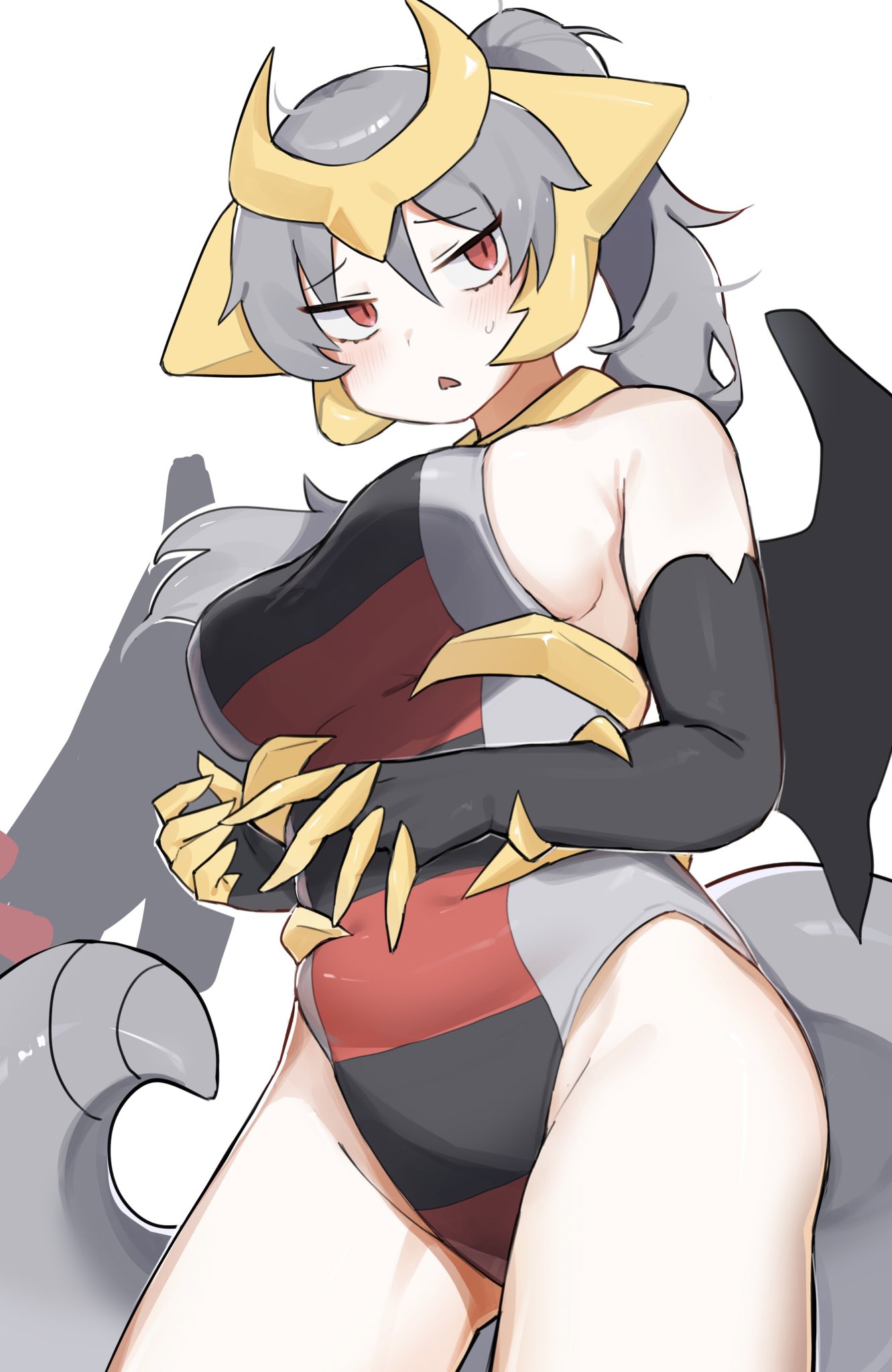 1girl bangs black_gloves blush breasts claws elbow_gloves from_below gaeguribanchan giratina gloves grey_hair hair_between_eyes headgear highres large_breasts leotard long_hair looking_to_the_side personification pokemon ponytail red_eyes sideboob simple_background solo sweat tail white_background wings