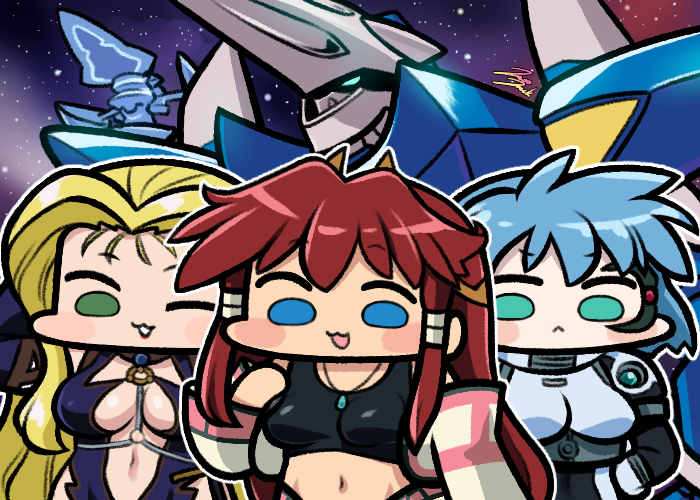 3girls :3 aqua_eyes blonde_hair blue_eyes bodysuit breasts center_opening chibi dita_liebely green_eyes impossible_clothes impossible_shirt jazz_jack jewelry jura_basil_elden light_blue_hair lipstick looking_at_viewer makeup meia_gisborn multiple_girls ornament pendant red_hair robot shirt signature spacesuit tank_top vandread