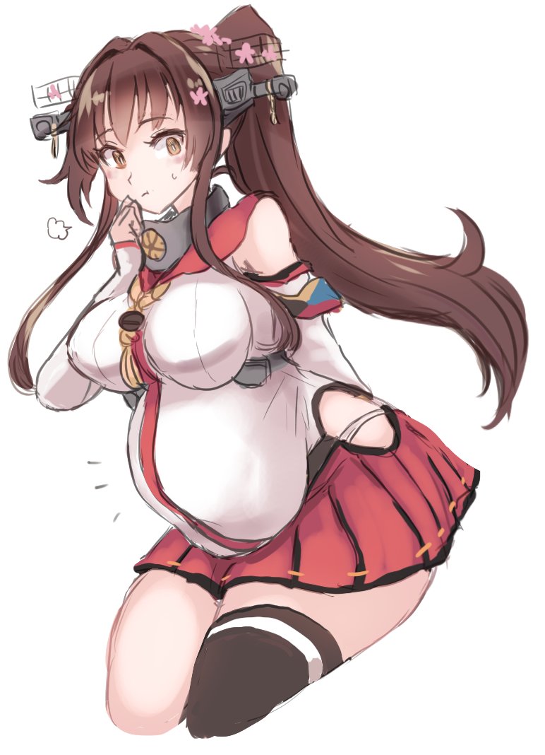 1girl arm_behind_back big_belly bloated blush breasts brown_eyes brown_hair collar hair_intakes hair_petal hand_to_own_mouth headgear kantai_collection large_breasts long_hair looking_at_viewer metal_collar red_skirt simple_background single_thighhigh skirt solo thighhighs utopia vore white_background yamato_(kancolle)