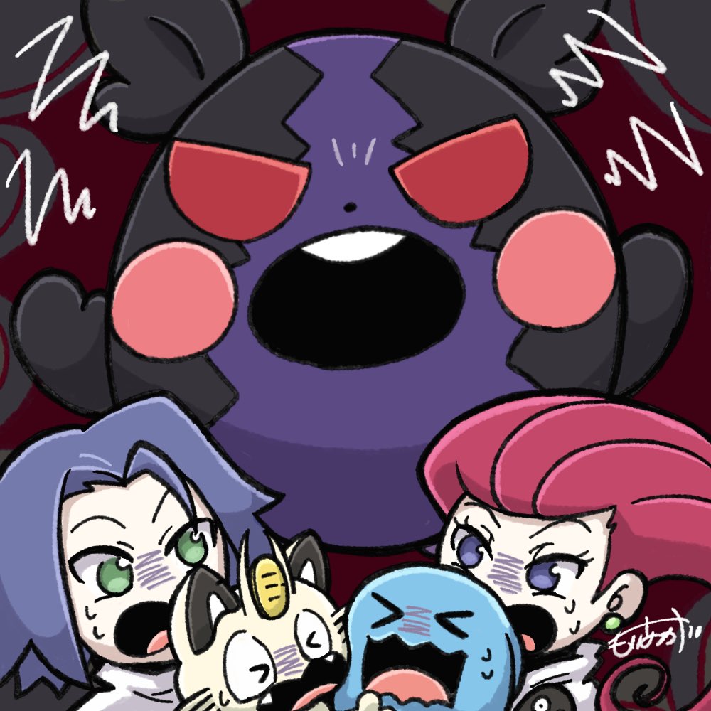 1boy 1girl angry blue_eyes green_eyes james_(pokemon) jessie_(pokemon) meowth morpeko open_mouth pokemon pokemon_(anime) pokemon_(creature) purple_hair red_eyes scared sononi_mrng water_drop wobbuffet