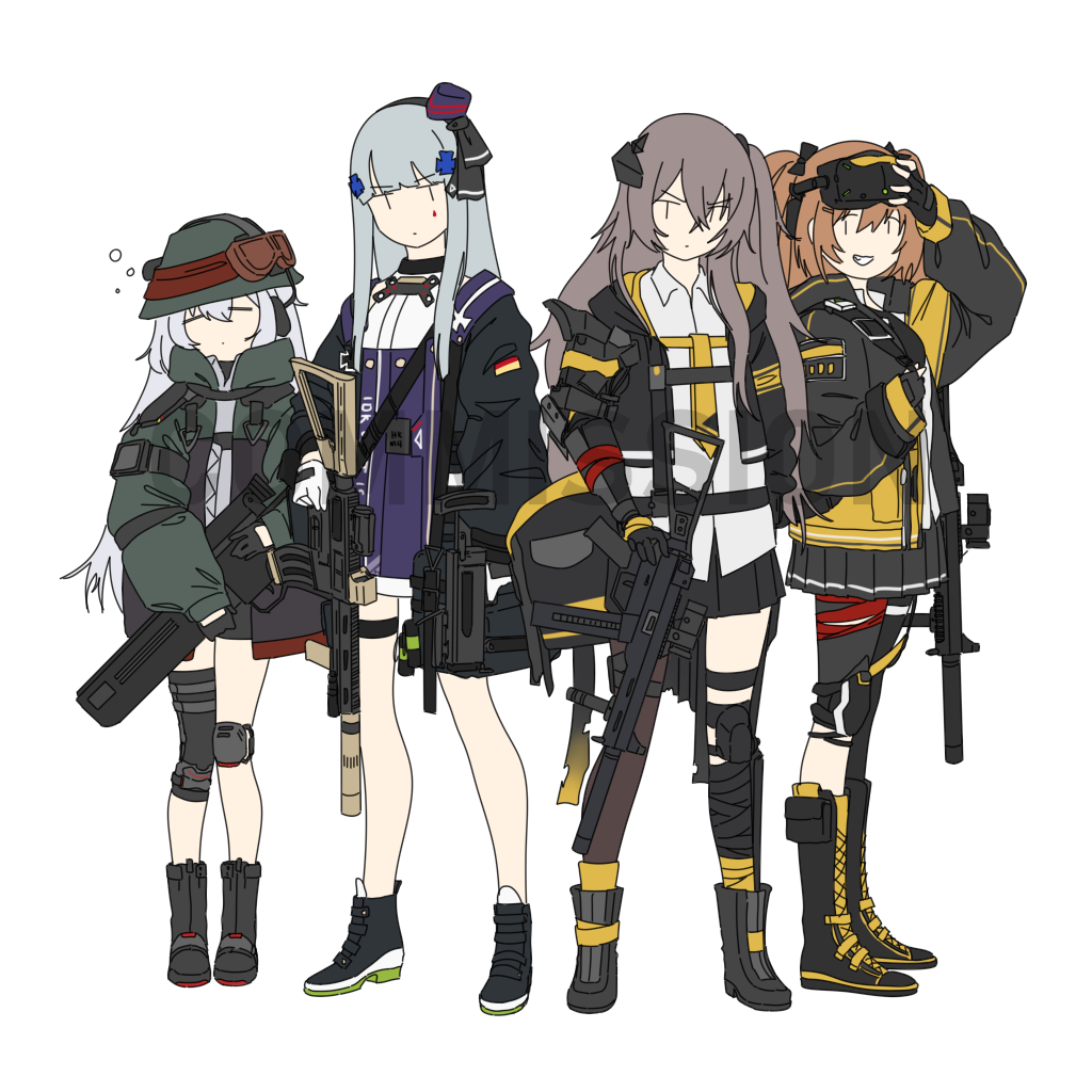404_(girls'_frontline) 4girls assault_rifle boots fingerless_gloves g11_(girls'_frontline) girls'_frontline gloves goggles goggles_on_head grenade_launcher gun h&amp;k_g11 h&amp;k_hk416 h&amp;k_ump h&amp;k_ump45 h&amp;k_ump9 hat heckler_&amp;_koch hk416_(girls'_frontline) kofucchi mechanical_arms mod3_(girls'_frontline) multiple_girls rifle single_mechanical_arm sleepy submachine_gun ump45_(girls'_frontline) ump9_(girls'_frontline) weapon white_background