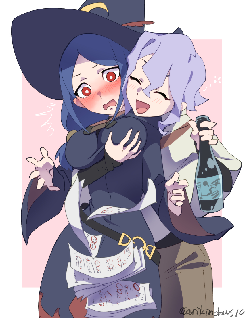 2girls arikindows10 blue_hair blush bottle breast_grab breasts closed_eyes couple croix_meridies drunk grabbing groping happy hat large_breasts little_witch_academia long_hair medium_hair multiple_girls open_mouth paper purple_hair red_eyes smile surprised twitter_username ursula_charistes witch witch_hat yuri