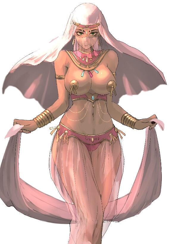 1girl armlet bangs belly belly_dancing blue_eyes bracer breasts cleavage commentary_request commission dancer earrings extra hair_ornament hairband harem_outfit harem_pants jewelry large_breasts long_hair looking_at_viewer navel necklace pants pasties queen's_blade see-through solo underboob user_cesm7285 veil