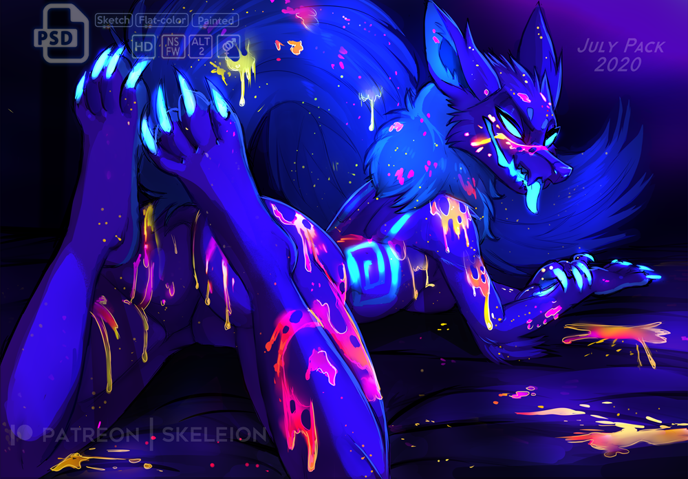 2020 anthro bent_legs black_body black_fur blue_eyes blue_tongue bodypaint breasts butt canid canine claws digital_media_(artwork) english_text female fingers fluffy fluffy_tail fox fur ghost glowing glowing_claws glowing_eyes glowing_nails glowing_paint glowing_tongue hair looking_at_viewer lying mammal markings monster on_front open_mouth painted patreon skeleion solo spirit text tongue tongue_out watermark