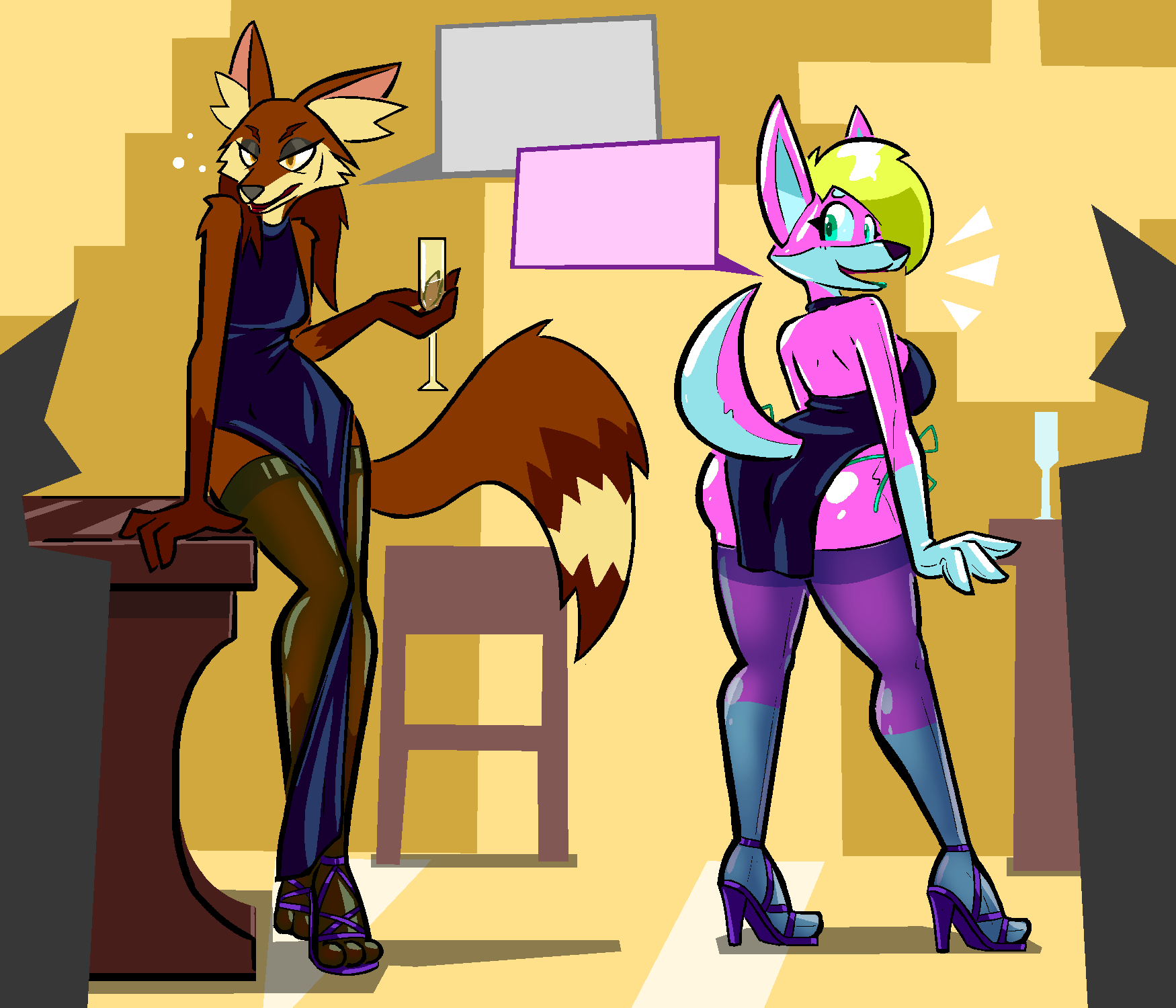 2021 4_fingers 7:6 alcohol animate_inanimate anthro aygee beverage big_butt blonde_hair blue_clothing blue_dress breasts brown_body brown_fur butt canid canine canis cleavage clothed clothing cocktail_dress container cup dialogue digital_media_(artwork) domestic_dog dress drinking_glass duo female fingers fox fur glass glass_container glass_cup green_eyes hair hands_on_table hi_res high_heels holding_wine_glass husky inflatable legwear living_inflatable looking_back makeup mammal nordic_sled_dog open_mouth pantyhose party pink_body red_body red_fur shampoo sofi_(aygee) spitz stockings video_games wide_hips wine_glass yellow_eyes