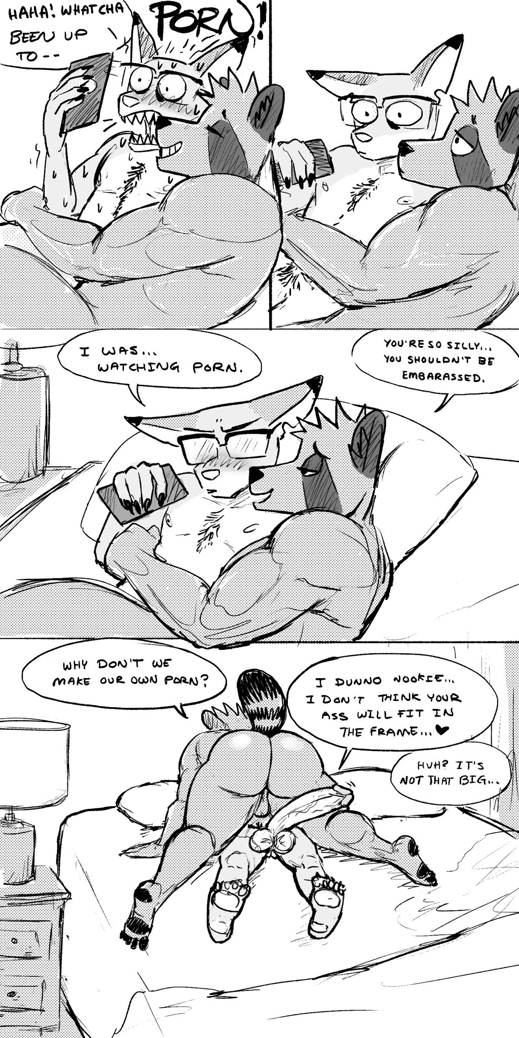&lt;3 anthro backsack balls bed bedroom_eyes big_penis blush blush_lines bodily_fluids body_hair boyfriends butt cacomistle canid canine cellphone chest_hair cuddling duo ears_back eebahdeebah erection eyes_closed eyewear eyewear_only fangs furniture genitals glasses glasses_only half-closed_eyes hi_res huge_penis humanoid_genitalia humanoid_penis humor imminent_sex inviting kubo_(eebahdeebah) love lying lying_on_bed male male/male mammal markings muscle_tone muscular muscular_anthro muscular_male narrowed_eyes niko_(eebahdeebah) notched_ear nude on_bed open_mouth pawpads paws penis perineum phone pivoted_ears procyonid raccoon_dog raised_tail ring_(marking) ringtail romantic romantic_couple seductive sharp_teeth smartphone sweat sweatdrop tail_markings tanuki teasing teeth vein veiny_penis wide_eyed
