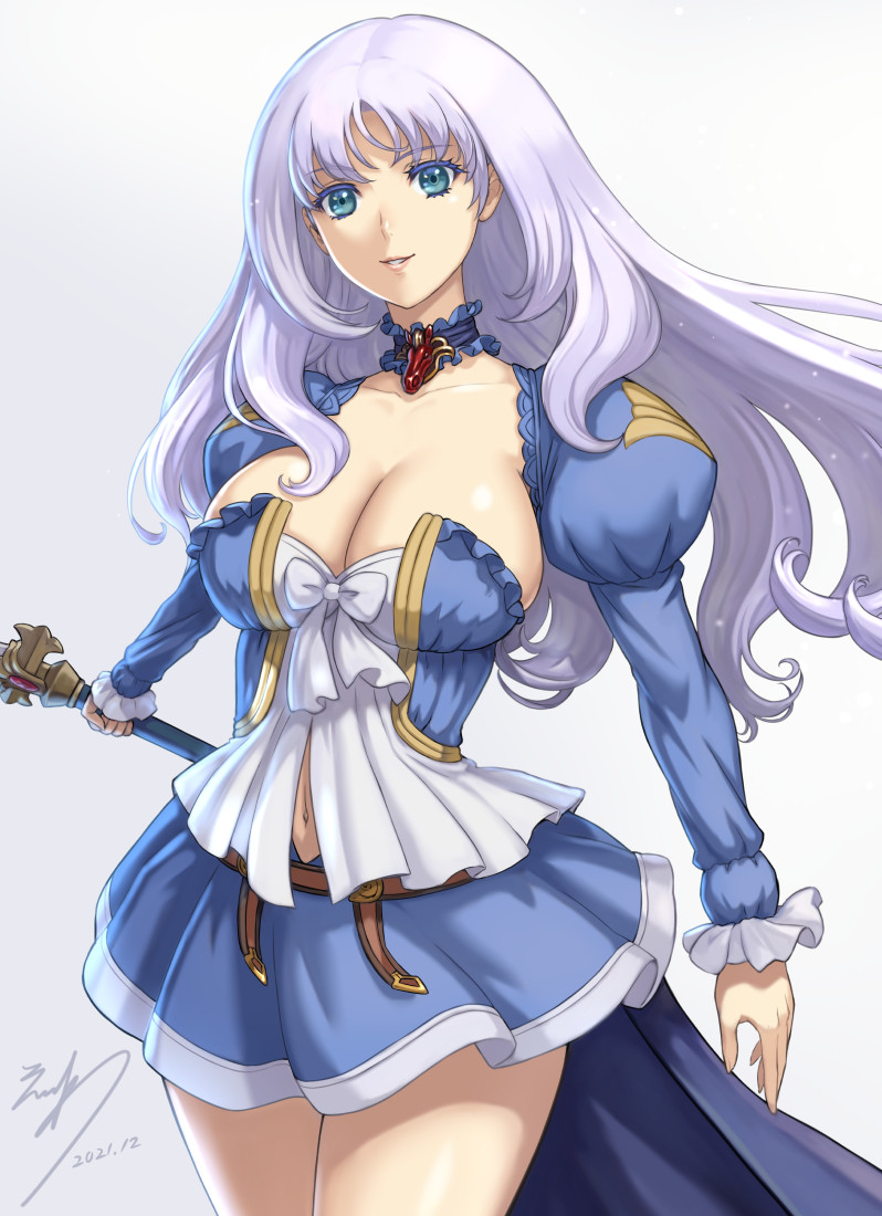 1girl 2021 annelotte annelotte_(princess_knight) belt blue_eyes breasts brooch cape choker cleavage commentary_request detached_collar eiwa holding holding_sword holding_weapon jewelry juliet_sleeves large_breasts long_hair long_sleeves navel official_art puffy_sleeves purple_hair queen's_blade queen's_blade_rebellion signature skirt smile solo standing sword weapon