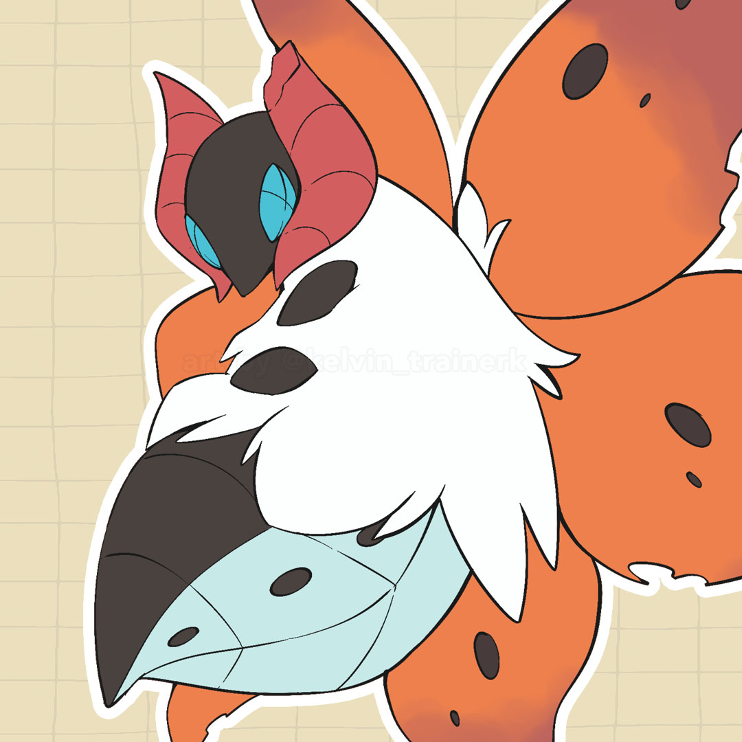animal_focus blue_eyes bug commentary grid_background kelvin-trainerk looking_at_viewer moth no_humans outline pokemon pokemon_(creature) solo twitter_username volcarona watermark white_fur yellow_background