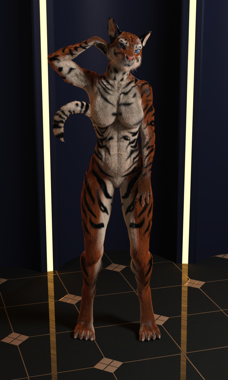4_toes 5_fingers abs anthro arm_bent athletic athletic_female bengal_tiger big_eyes big_iris black_stripes blue_eyes breasts curled_tail digitigrade earthclan3d featureless_breasts feet felid female fingers fur hand_behind_head hand_on_leg hand_on_thigh head_tilt hi_res mammal markings multicolored_ears orange_body orange_fur pantherine pink_nose piper_(earthclan) solo straight_arm striped_body striped_fur striped_markings striped_tail stripes tail_markings tiger toes two_tone_ears white_body white_fur