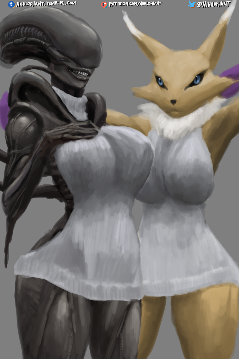 2018 2:3 3d_(artwork) alien alien_(franchise) alternate_version_at_source anthro bandai_namco belly big_breasts big_butt black_body black_skin black_tail blue_eyes breast_squish breasts breasts_frottage butt canid canine claws clothing digimon digimon_(species) digital_media_(artwork) dorsal_tubes duo eyeless fangs female female/female fur glistening glistening_body glistening_skin grey_background hi_res humanoid humanoid_on_anthro larger_female lips long_ears looking_at_another looking_at_viewer mammal multicolored_body multicolored_fur nihilophant raised_arm renamon seductive shaded sharp_teeth simple_background size_difference smile snout squish standing teasing teeth text thick_thighs tubes white_body white_fur wide_hips xenomorph yellow_body yellow_fur