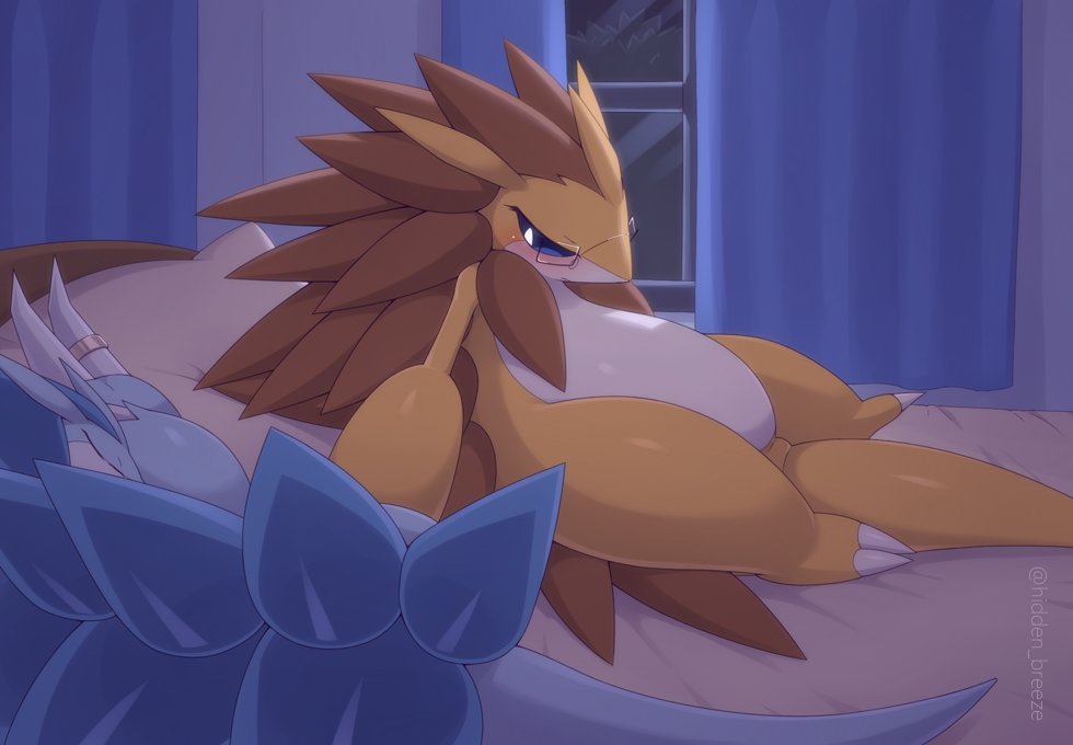 2019 alolan_sandslash ambiguous_gender artist_name bed bedroom biped blue_eyes blue_quills blush brown_quills claws countershade_face countershade_torso countershading curtains detailed_background digit_ring digital_media_(artwork) duo eyes_closed eyewear featureless_crotch feral finger_claws finger_ring furniture glasses hibari inside jewelry kajinchu looking_at_another night nintendo nude on_bed pillow pok&eacute;mon pok&eacute;mon_(species) pupils quills regional_form_(pok&eacute;mon) ring ring_(jewelry) sabari sandslash shaded sharp_claws simple_shading sleeping solo_focus toe_claws video_games white_body white_claws white_countershading white_pupils window yellow_body