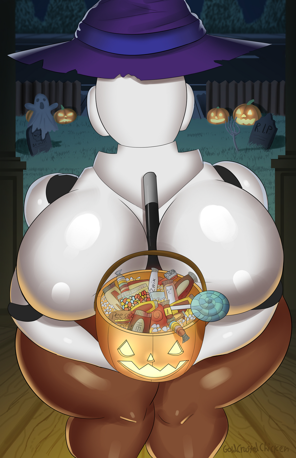 big_breasts breasts candy clothed clothing dessert detailed_background faceless_character faceless_female female food goldcrustedchicken halloween_costume hat haydee haydee_(game) headgear headwear hi_res high_heels machine not_furry robot solo video_games