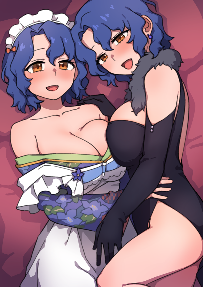 2girls asymmetrical_docking bed_sheet black_dress black_gloves blue_hair breast_press breasts brown_eyes cleavage dress earrings elbow_gloves feather_boa gloves hand_on_another's_hip hand_on_another's_shoulder idolmaster idolmaster_million_live! idolmaster_million_live!_theater_days japanese_clothes jewelry kimono kimono_pull kwaejina large_breasts looking_at_viewer lying maid_headdress multiple_girls multiple_persona off_shoulder on_back on_bed on_side open_mouth short_hair side_slit smile thighs toyokawa_fuuka