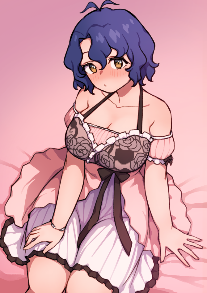1girl arm_support bare_shoulders bed_sheet blush bracelet breasts cleavage detached_sleeves floral_print hair_between_eyes halterneck idolmaster idolmaster_million_live! idolmaster_million_live!_theater_days jewelry kwaejina large_breasts layered_nightgown looking_at_viewer nightgown on_bed sitting solo toyokawa_fuuka