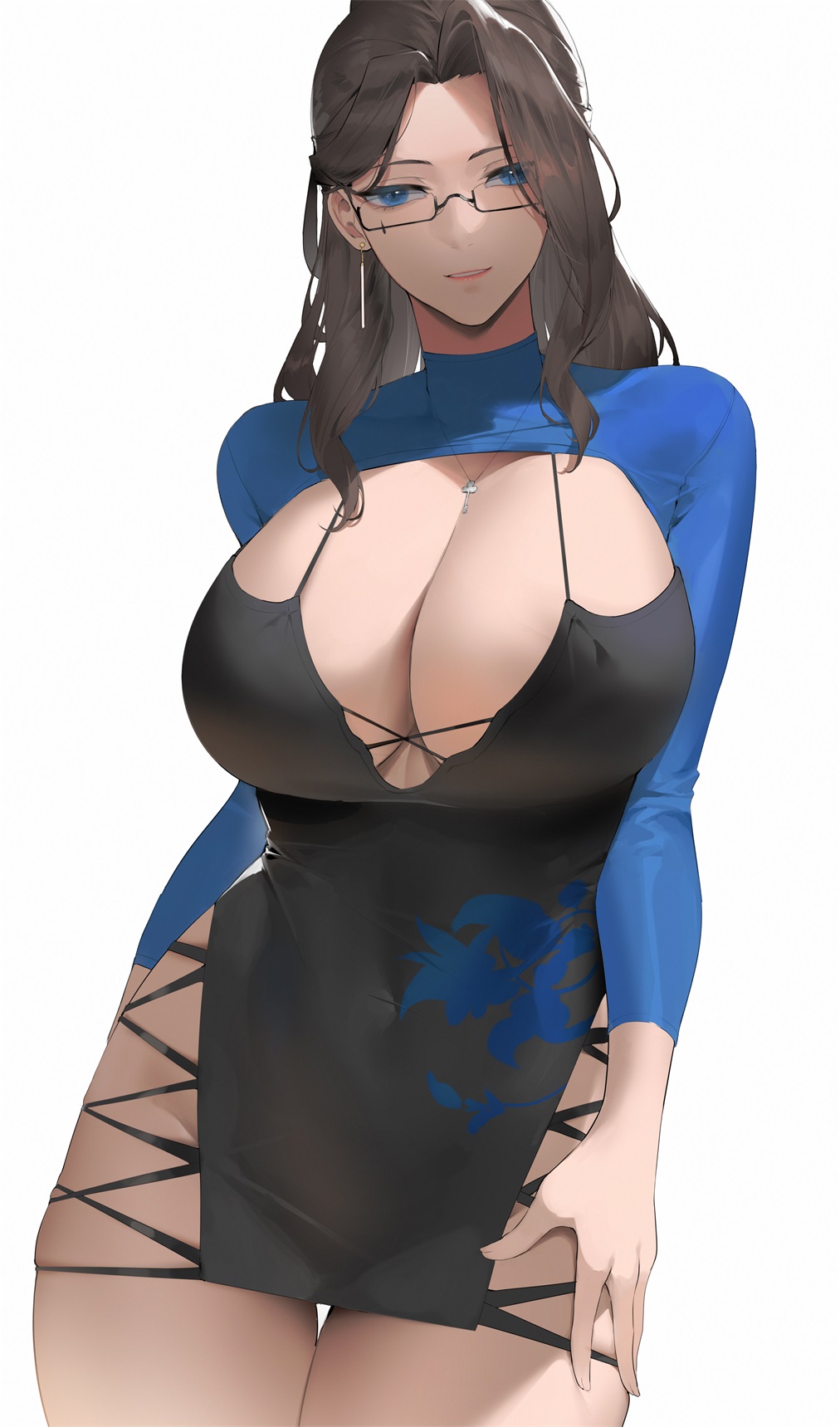1girl alios_arvin black_dress black_hair blue_eyes blue_shirt breasts cleavage covered_navel cowboy_shot dress glasses highres inoue_iris_(sdustz) large_breasts long_hair long_sleeves looking_at_viewer original parted_lips shirt simple_background smile solo thigh_gap thighs white_background